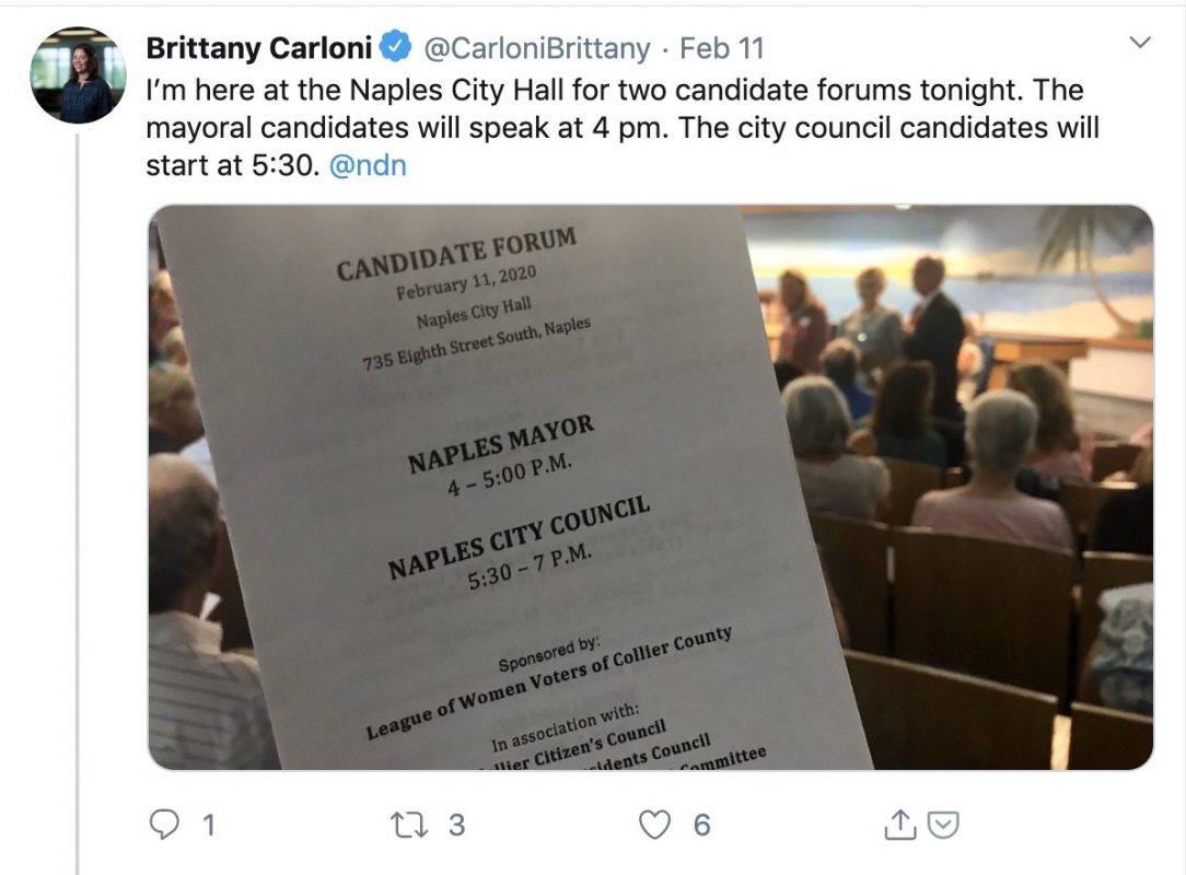 Carloni tweets candidate forum